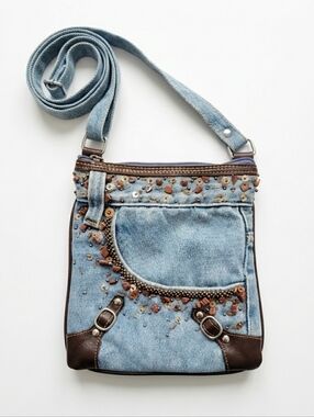 Y2k Vintage Denim And Leather Trim Beaded Crossbody Bag